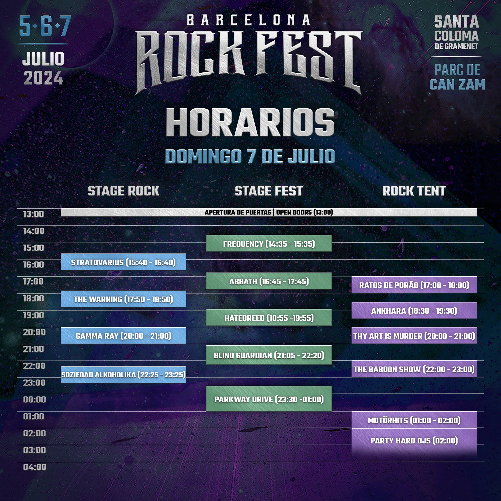 Horarios domingo 7 de julio Barcelona Rock Fest 2024