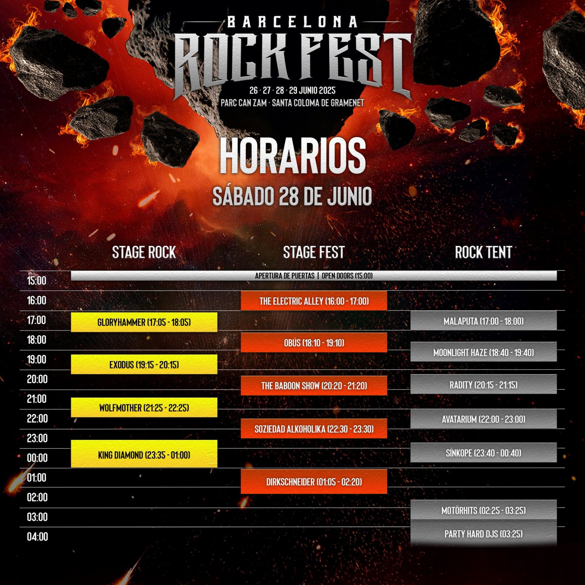 Horarios sábado 28 de junio de 2025 Barcelona Rock Fest