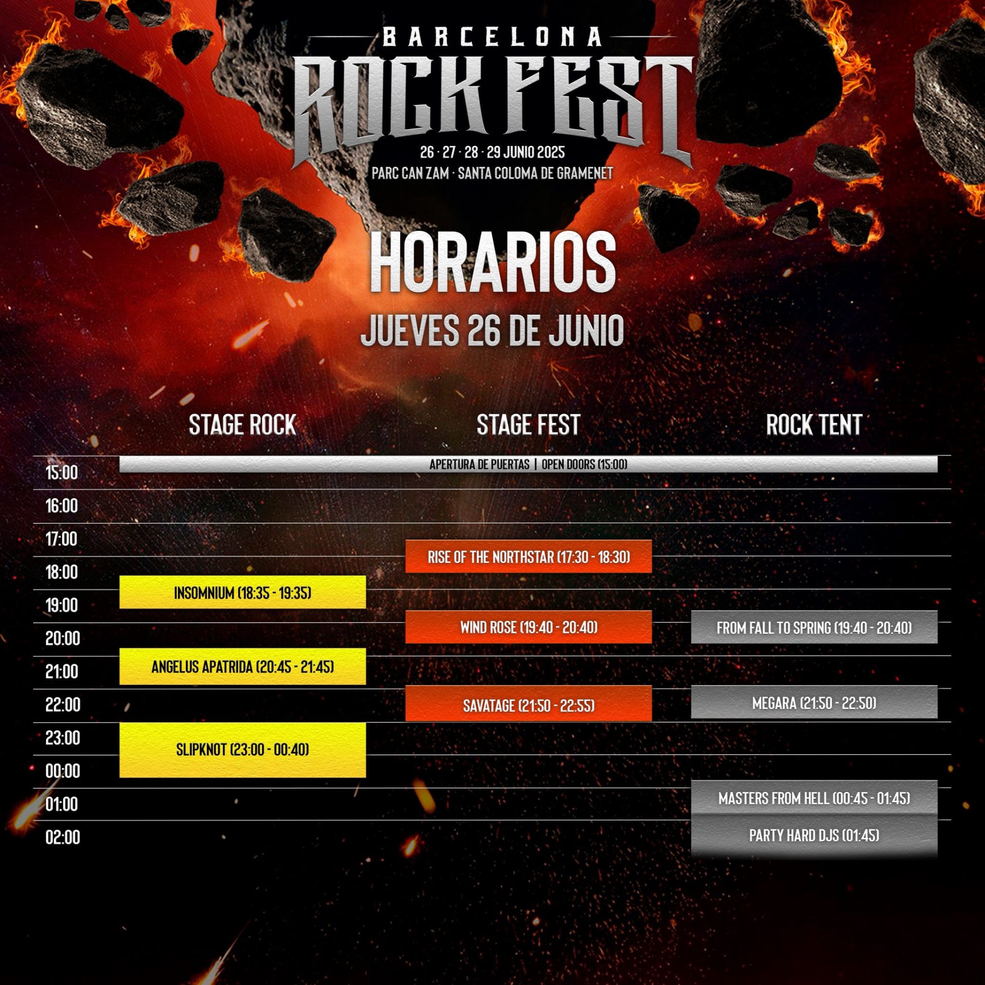 Horarios jueves 26 de junio de 2025 Barcelona Rock Fest