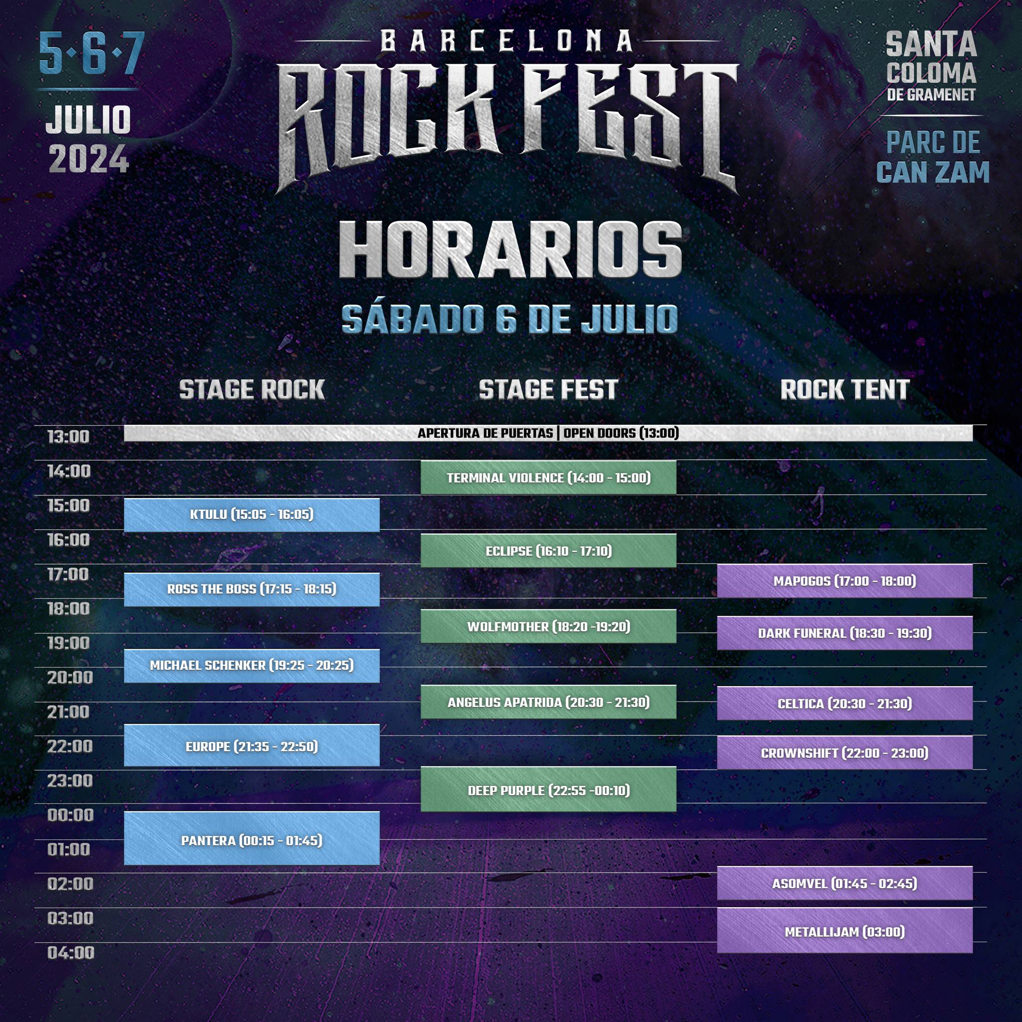 Horarios Sábado 6 julio Barcelona Rock Fest 2024
