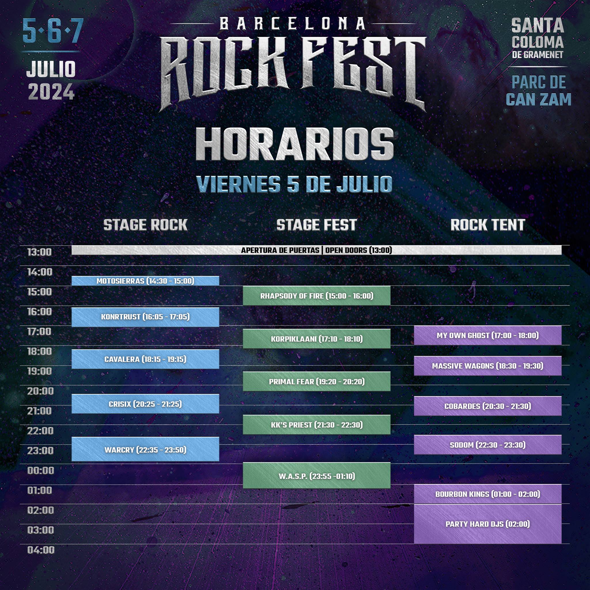 Horarios viernes 5 julio Barcelona Rock Fest 2024