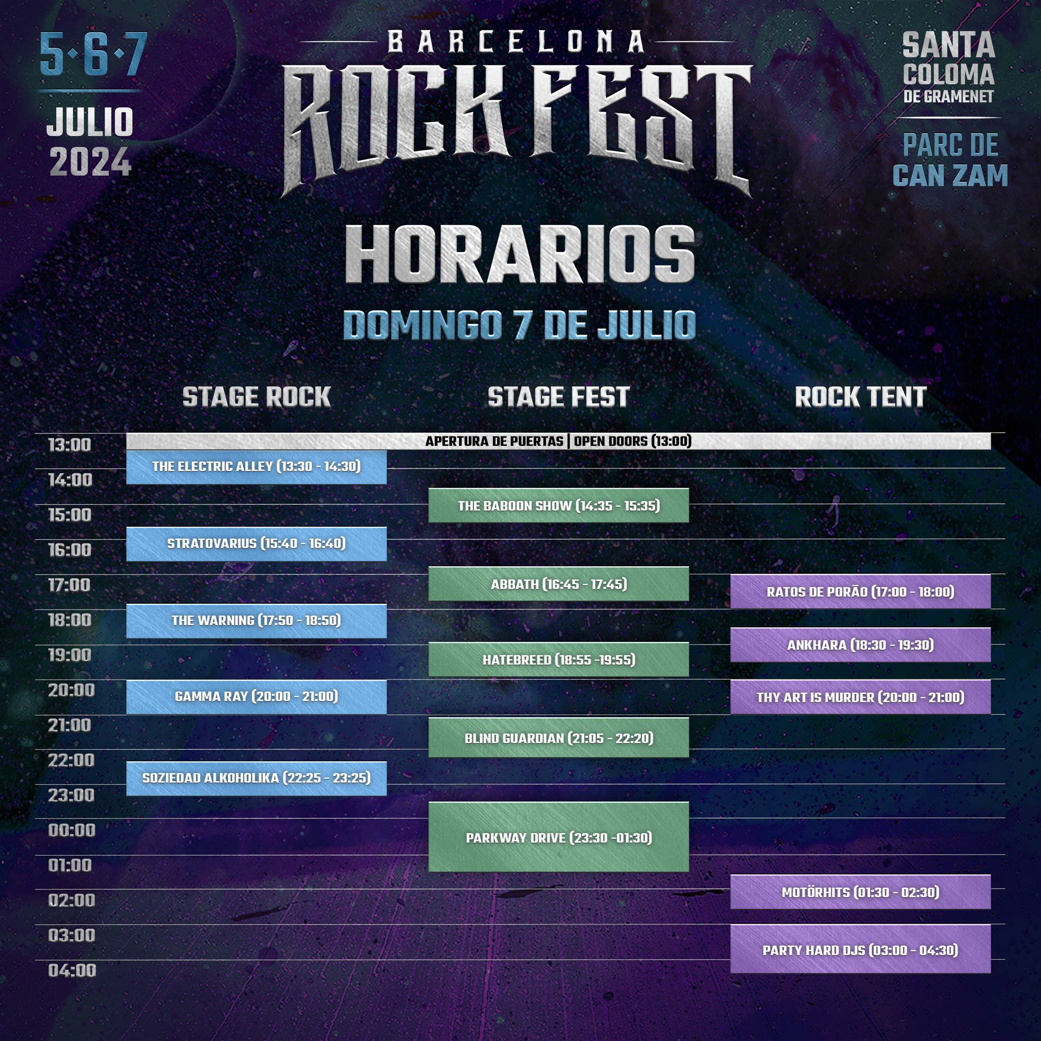 Horarios domingo 7 de julio Barcelona Rock Fest 2024
